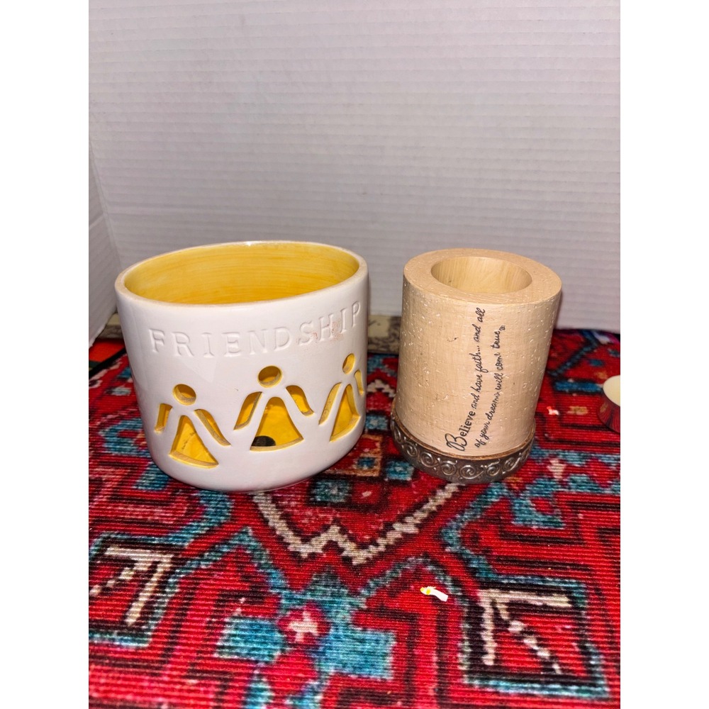 Pavilion Gift Co Believe Candle Holder & Friendship Ceramic Votive Set Yellow